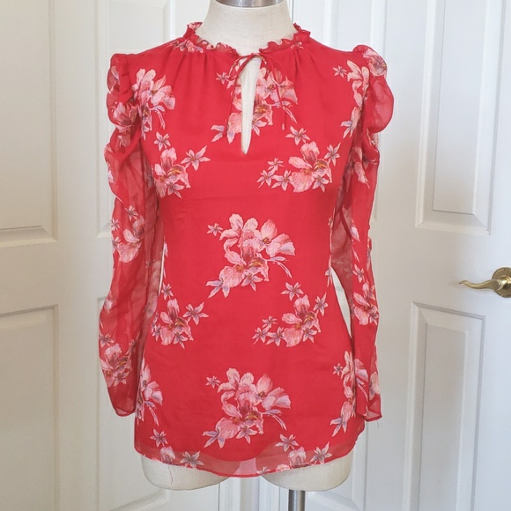 CeCe Cherry Rose Lava Red Floral Print V-Neck Blouse Sheer Ruched Sleeve Small - Picture 3 of 11